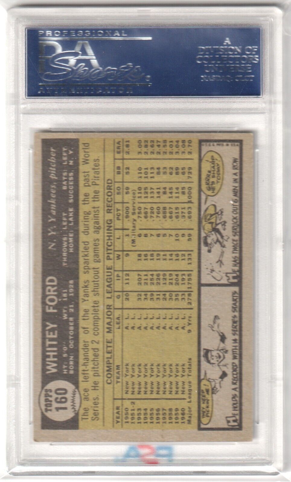 Vintage baseball card of Whitey Ford 1961 Topps #160 in protective holder from Columbia Hobby