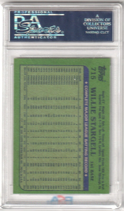 PSA-graded Willie Stargell 1982 Topps #715 card with green statistics grid, Columbia Hobby