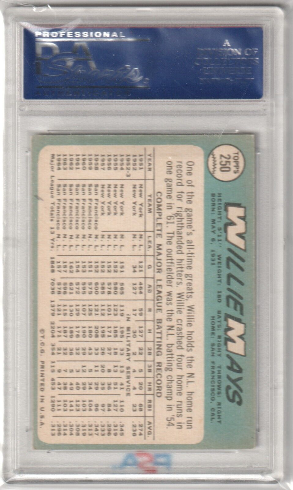 Baseball card in protective holder, Willie Mays 1965 Topps #250, Columbia Hobby