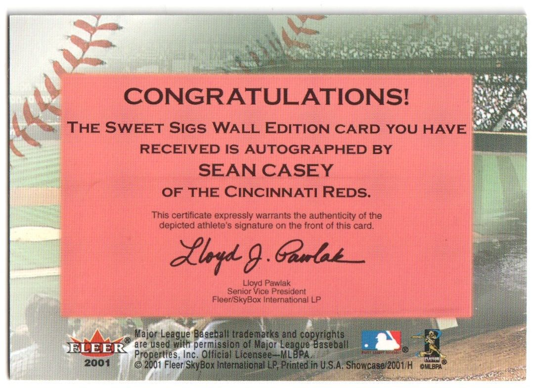 SEAN CASEY 2001 Fleer Showcase Sweet Sigs Autograph Auto - REDS