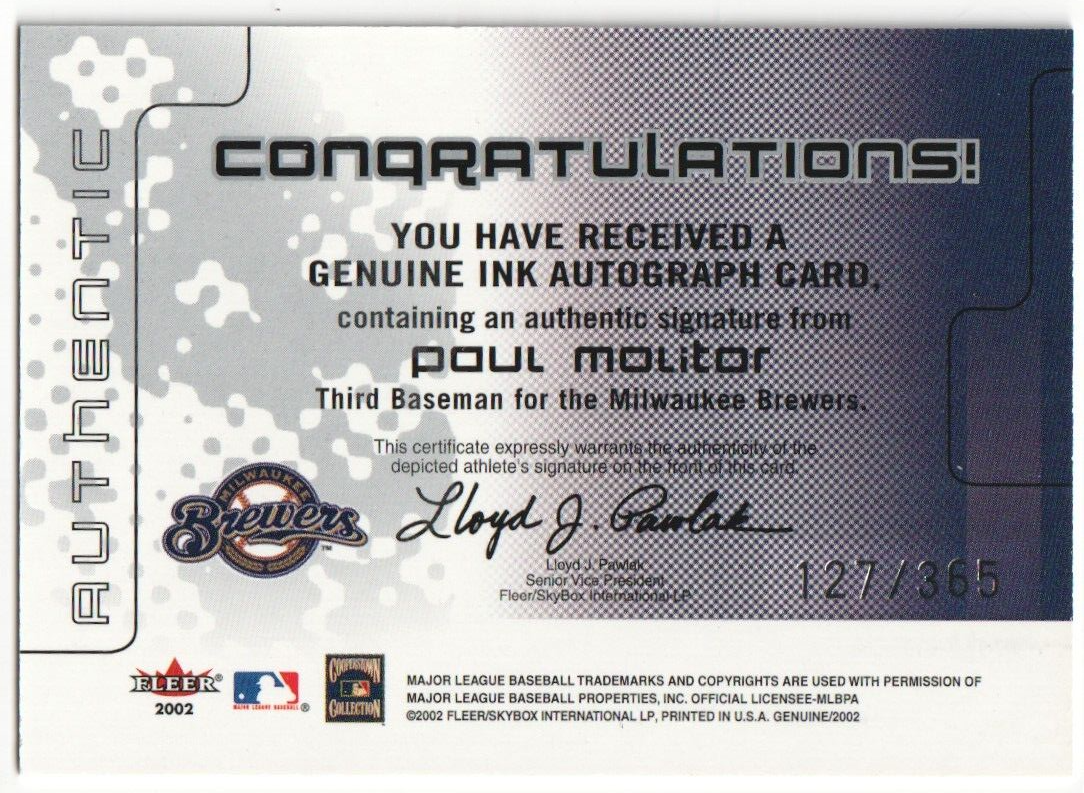 PAUL MOLITOR 2002 Fleer Genuine Autograph Auto SP #/365 - BREWERS