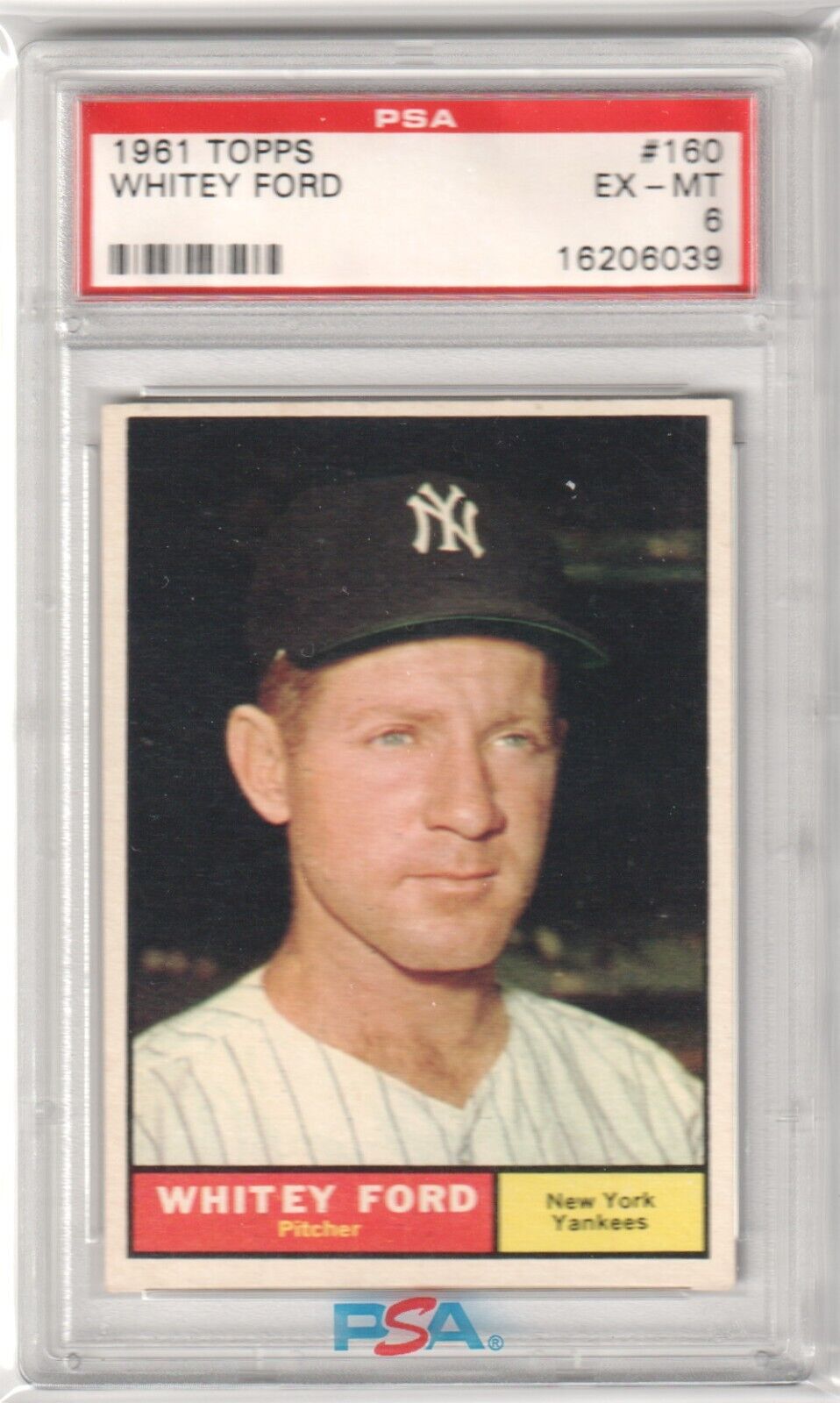 PSA-graded 1961 Topps New York Yankees Whitey Ford baseball card in protective case from Columbia Hobby