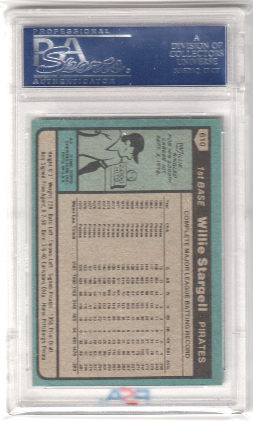 PSA-graded Willie Stargell 1980 Topps #610 single card in clear case at Columbia Hobby