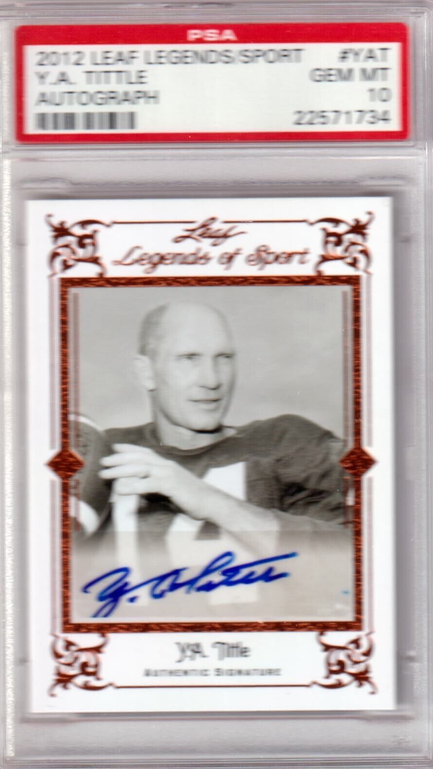 PSA-graded Y.A. Tittle autographed black and white trading card in case from Columbia Hobby