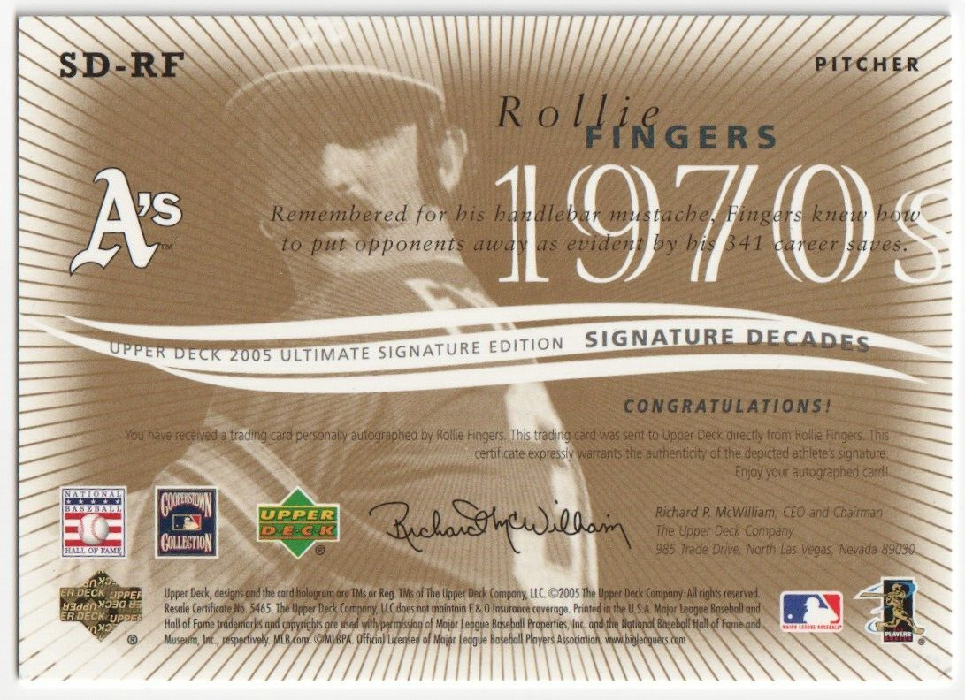 ROLLIE FINGERS 2005 Upper Deck Signature Autograph Auto - ATHLETICS