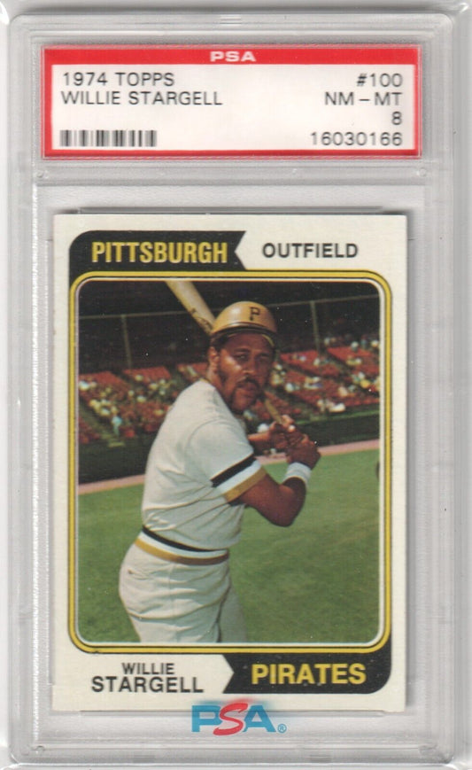 PSA-graded 1974 Topps Pittsburgh Pirates Willie Stargell baseball card in protective case