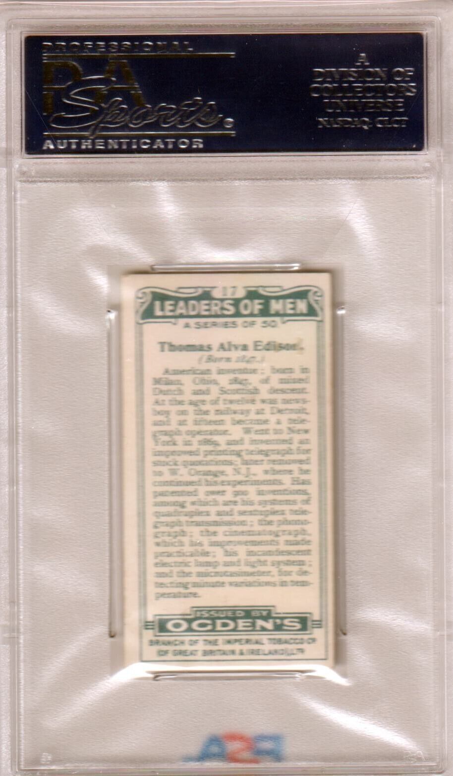 Sealed trading card in protective holder for 1924 Ogden’s LTD Thomas Edison Leaders of Men