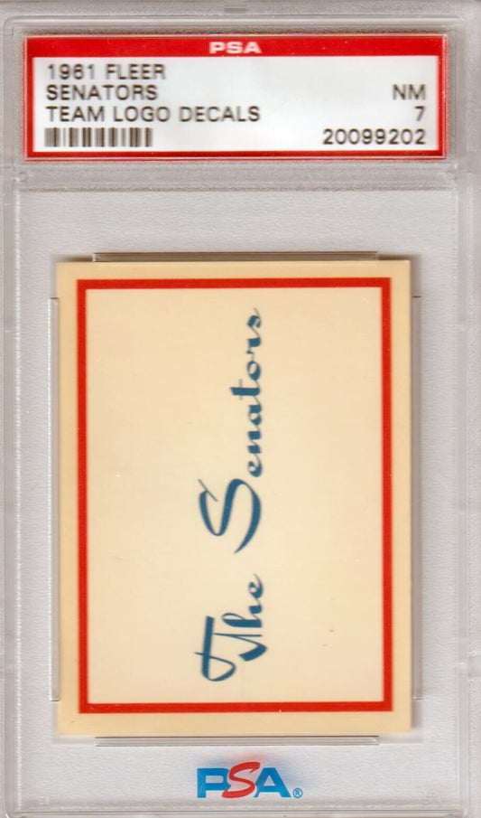 PSA-graded 1961 Fleer Senators team logo decal card in protective holder, Columbia Hobby