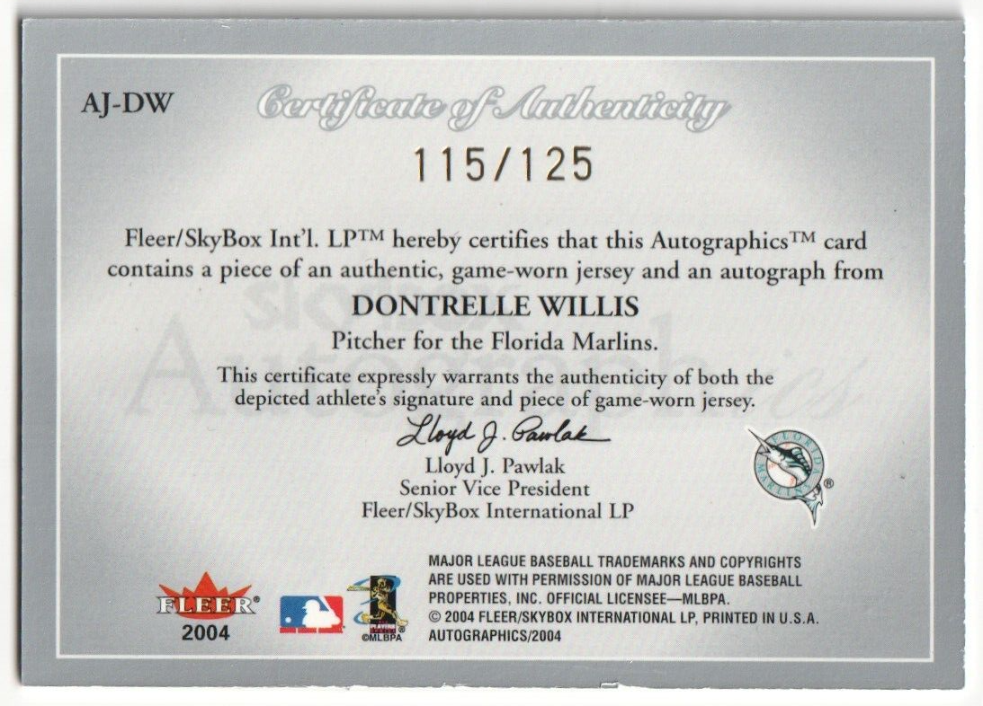 DONTRELLE WILLIS 2004 Skybox Autographix Autograph Auto Jersey #/125 - MARLINS