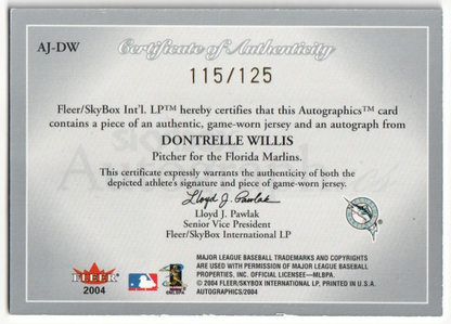 DONTRELLE WILLIS 2004 Skybox Autographix Autograph Auto Jersey #/125 - MARLINS