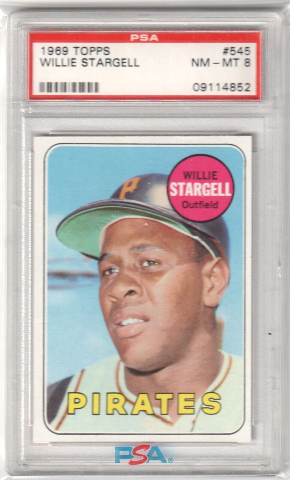 PSA-graded 1969 Topps Pirates Willie Stargell baseball card in a protective case