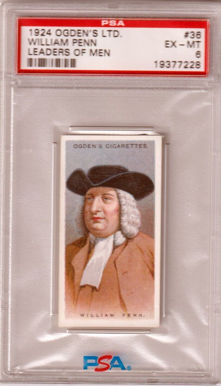 PSA-graded vintage trading card of William Penn from 1924 Ogden’s LTD single cards