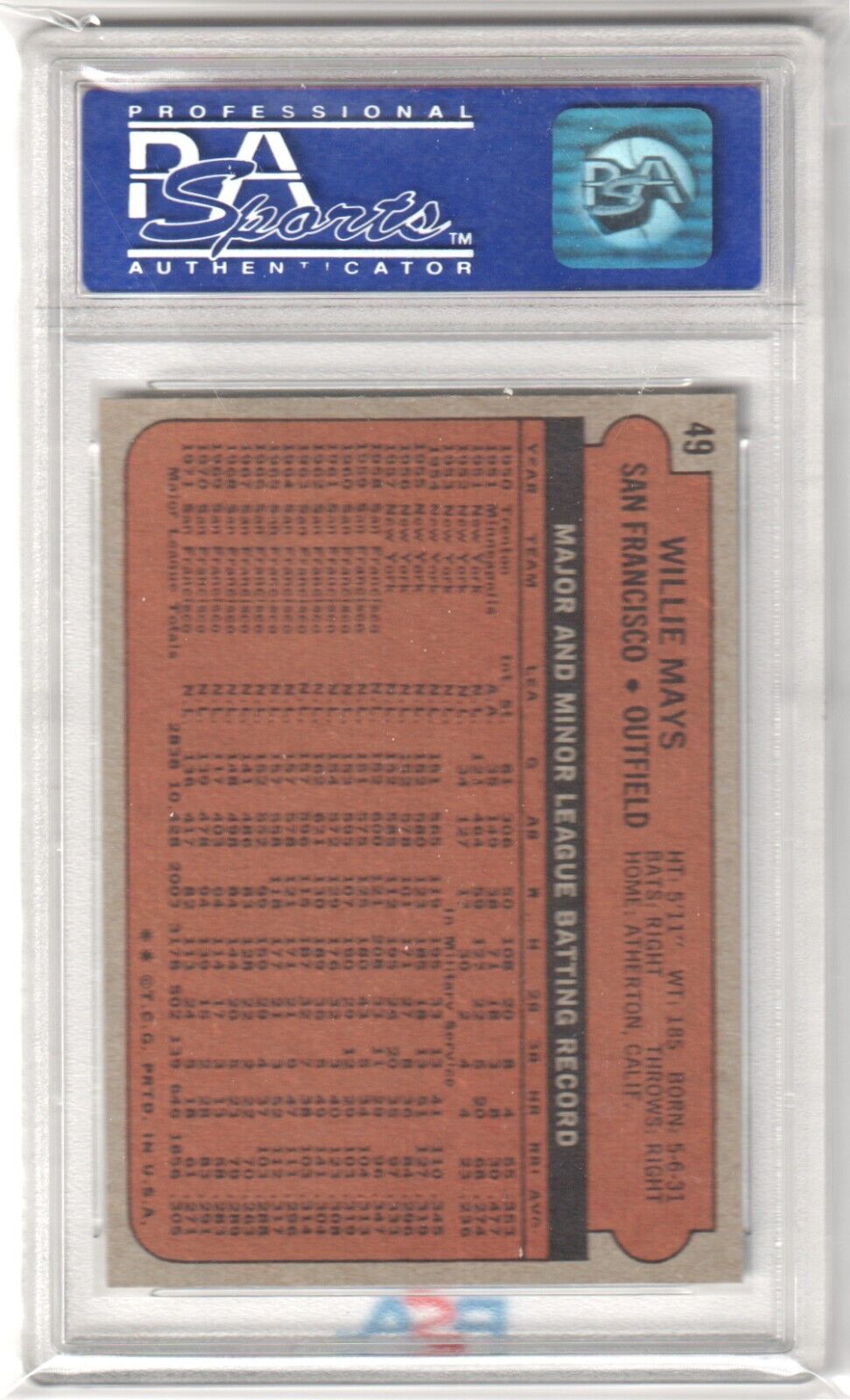 PSA-graded Willie Mays 1972 Topps #49 card in a holder for single cards at Columbia Hobby