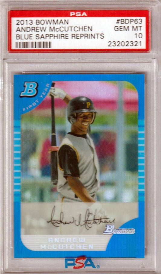 PSA 10 GEM MINT Andrew McCutchen 2013 Bowman Blue Refractor baseball card from Columbia Hobby