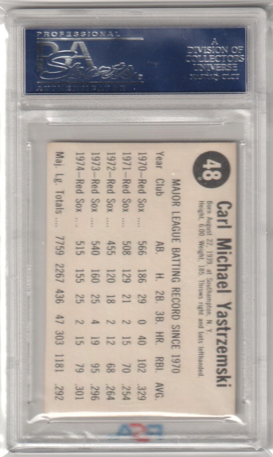 PSA-graded CARL YASTRZEMSKI 1975 Hostess #48 single card in protective case from Columbia Hobby