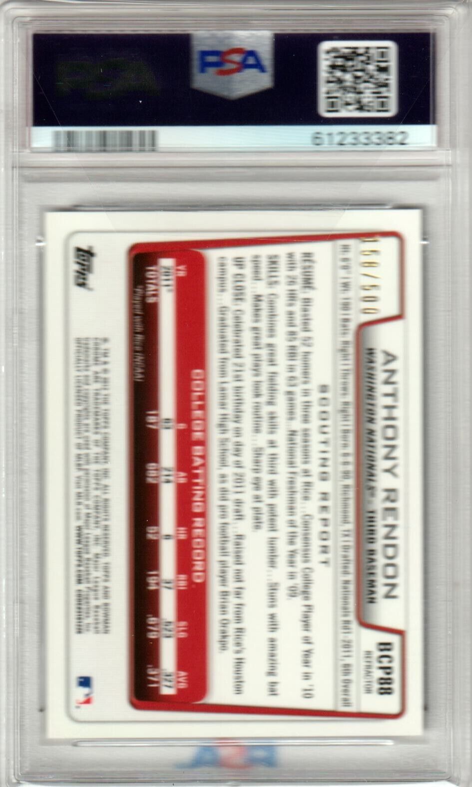 PSA-graded Anthony Rendon 2012 Bowman Prospects Chrome Refractor card in protective case