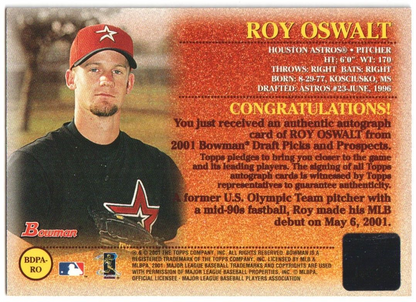 ROY OSWALT 2001 Bowman Draft Picks & Prospects Autograph Auto - ASTROS