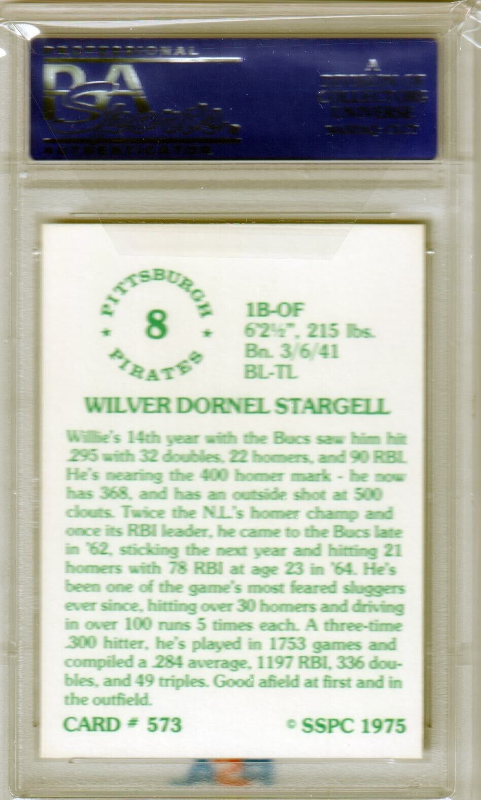 Willie Stargell 1975 SSPC #573 PSA 9 Mint baseball card in protective case at Columbia Hobby