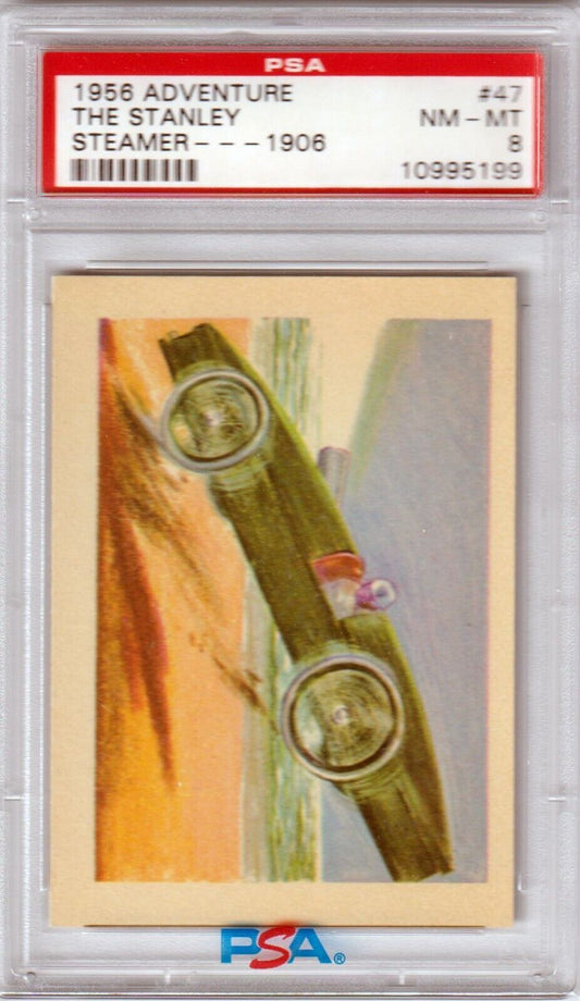 PSA-graded 1956 Adventure The Stanley Steamer trading card in case for Columbia Hobby single cards