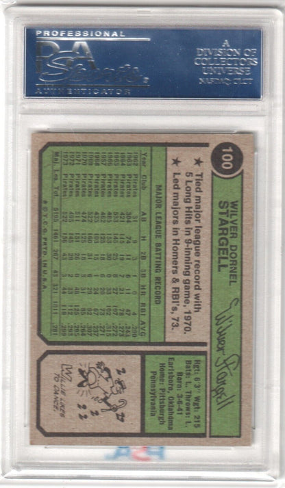 Baseball card in clear case for Willie Stargell 1974 Topps #100 single cards, Columbia Hobby