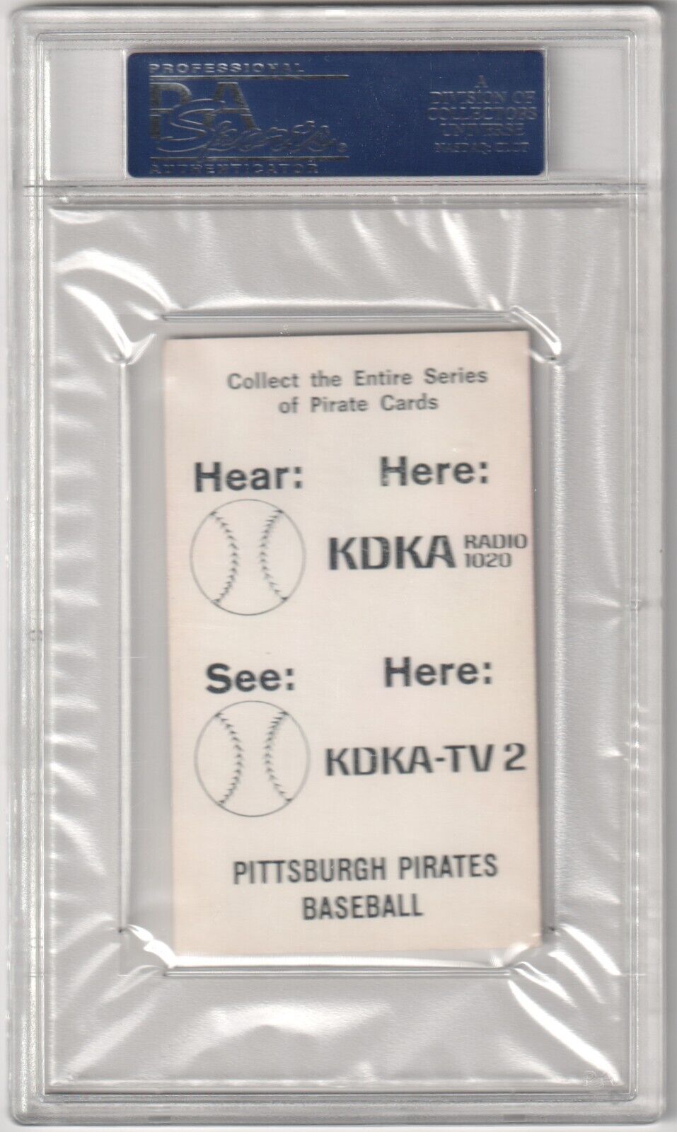 Vintage KDKA promotional card for Pittsburgh Pirates baseball in protective sleeve, single cards