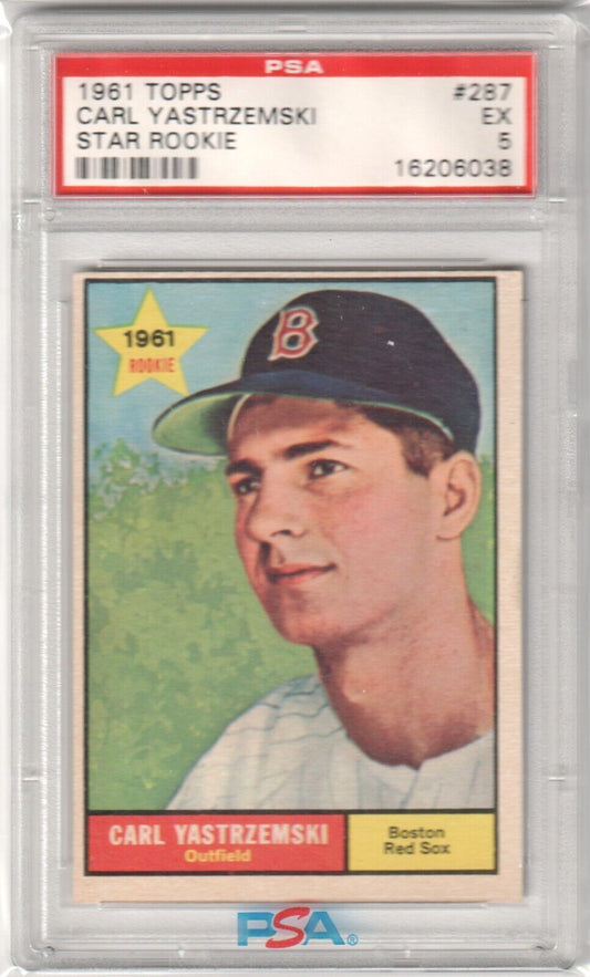 PSA-graded 1961 Topps Carl Yastrzemski rookie card in protective case from Columbia Hobby