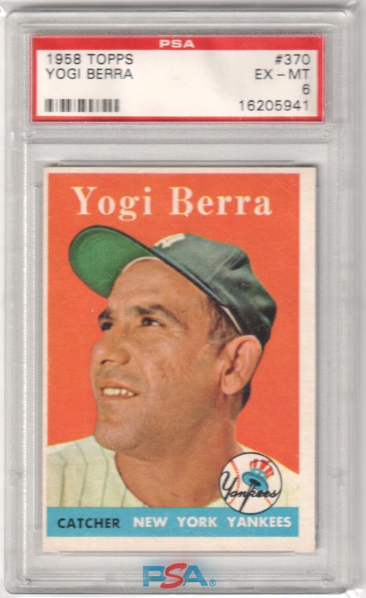 PSA-graded Yogi Berra 1958 Topps #370 baseball card showcasing Yankees catcher, green cap