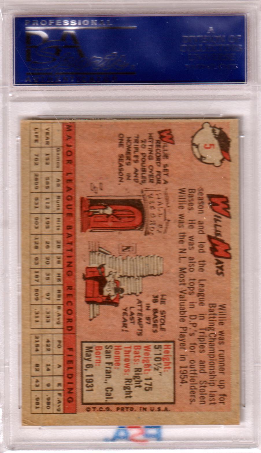 Willie Mays 1958 Topps 5 PSA 6 baseball card in protective case on tan background