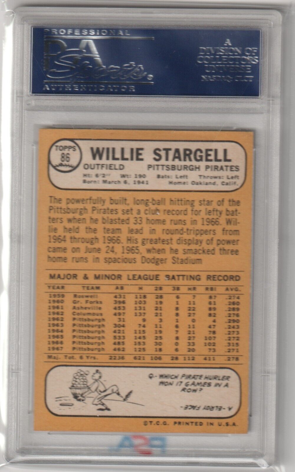 Willie Stargell 1968 Topps #86 PSA 7 NM single card from Columbia Hobby with free shipping