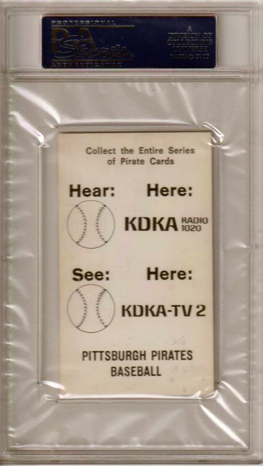 Vintage promotional card for Pittsburgh Pirates broadcasts on KDKA radio and TV2 single cards