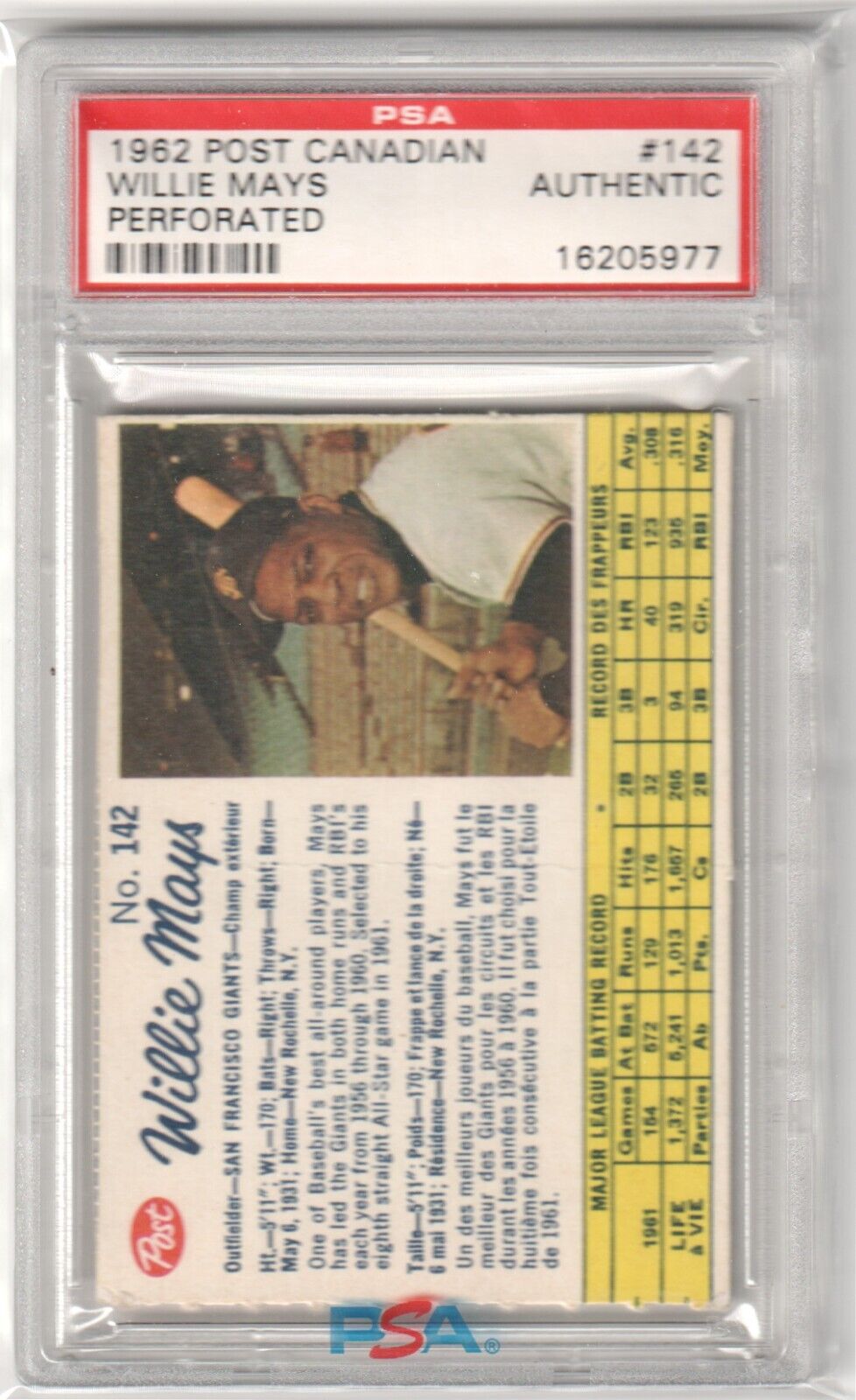 PSA-graded 1962 Post Canadian Willie Mays baseball card in protective holder for sale