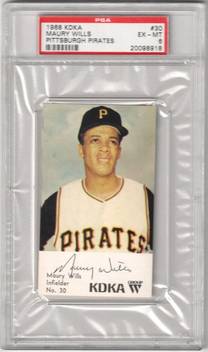 PSA-graded vintage Maury Wills 1968 Pirates baseball card in black and gold uniform