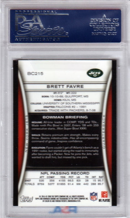 PSA-graded Brett Favre 2008 Bowman Chrome card in protective case, perfect for single cards collectors