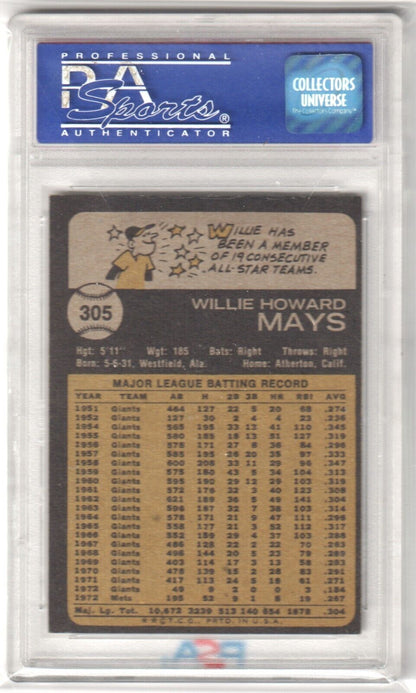 PSA-graded Willie Mays 1973 Topps #305 baseball card with stats for sale at Columbia Hobby