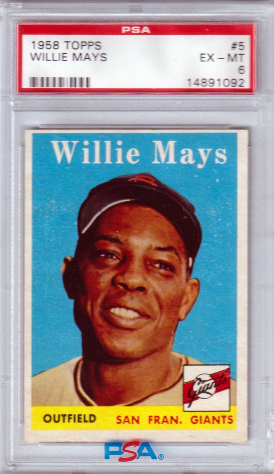 PSA-graded Willie Mays 1958 Topps single card from Columbia Hobby, featuring Giants outfielder