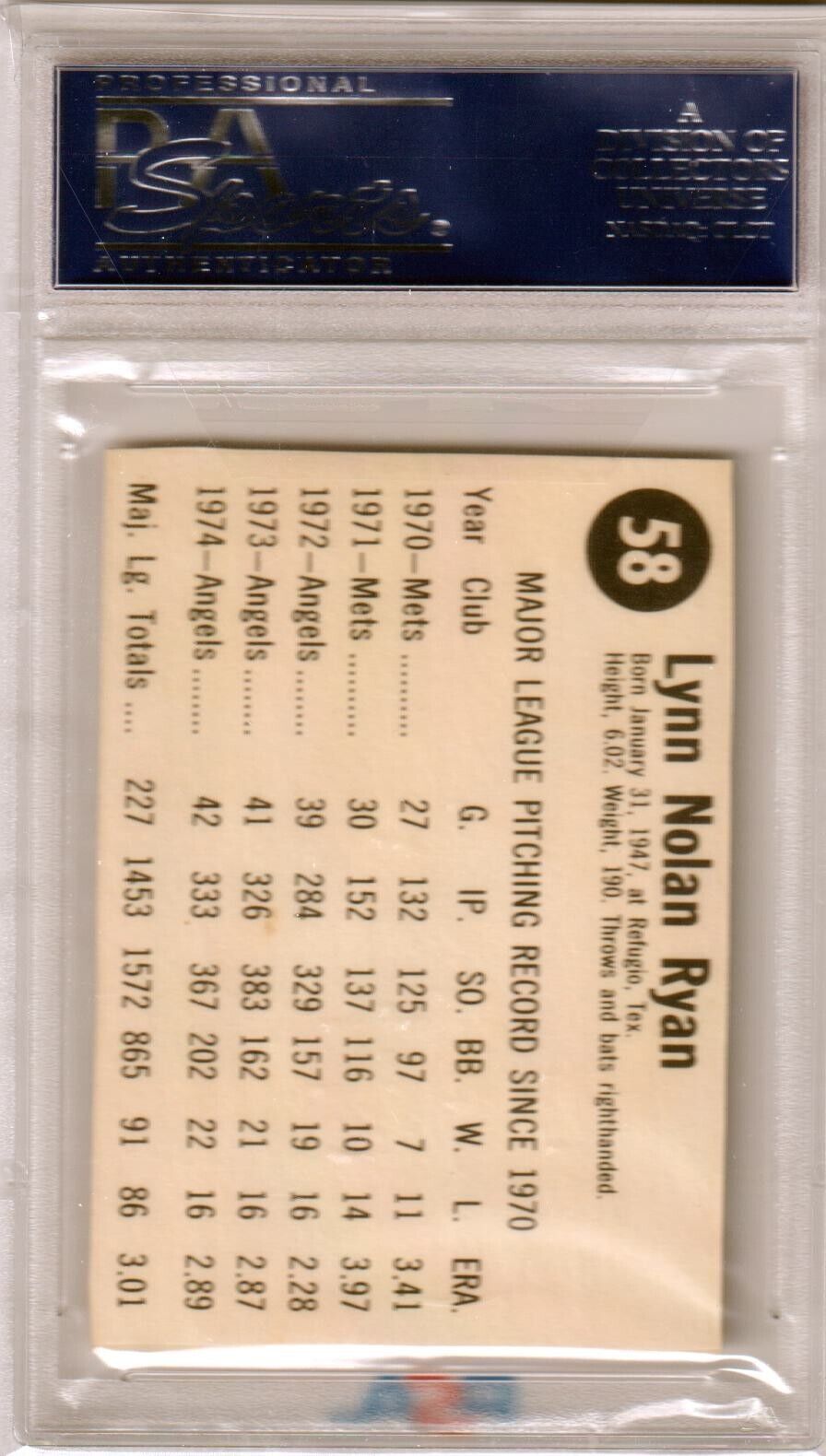 PSA-graded Nolan Ryan 1975 Hostess #58 baseball card with player stats from Columbia Hobby