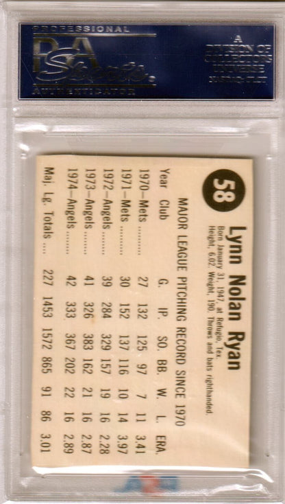 PSA-graded Nolan Ryan 1975 Hostess #58 baseball card with player stats from Columbia Hobby