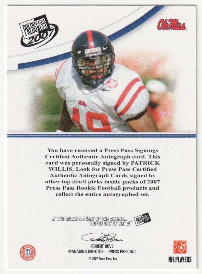 PATRICK WILLIS 2007 Press Pass Autograph Auto RC Rookie - 49ERS