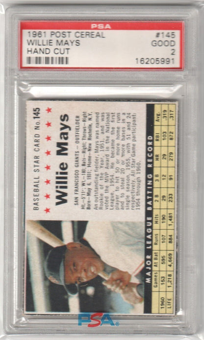 PSA-graded 1961 Post Cereal Willie Mays baseball card in holder for single cards