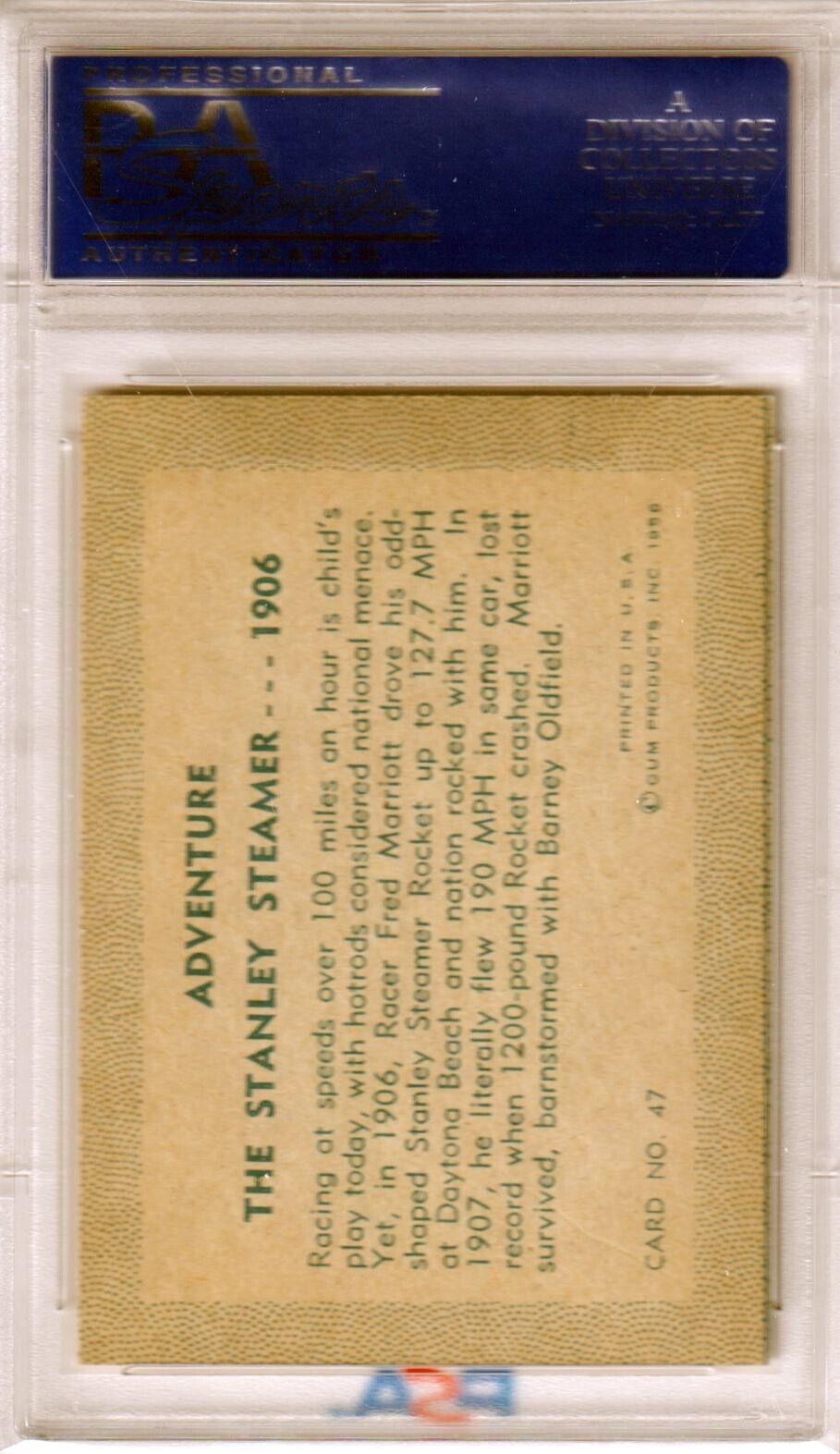 Back side of 1956 Adventure Gum Stanley Steamer card with product info for single cards