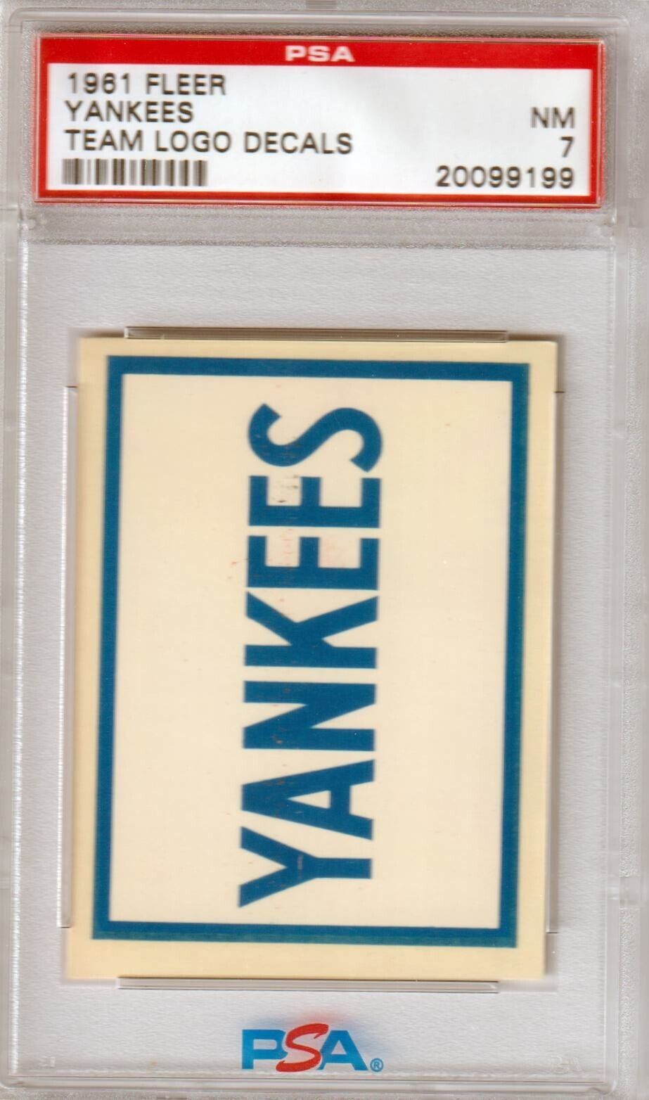 PSA-graded vintage New York Yankees Team Logo Decal in protective case from Columbia Hobby