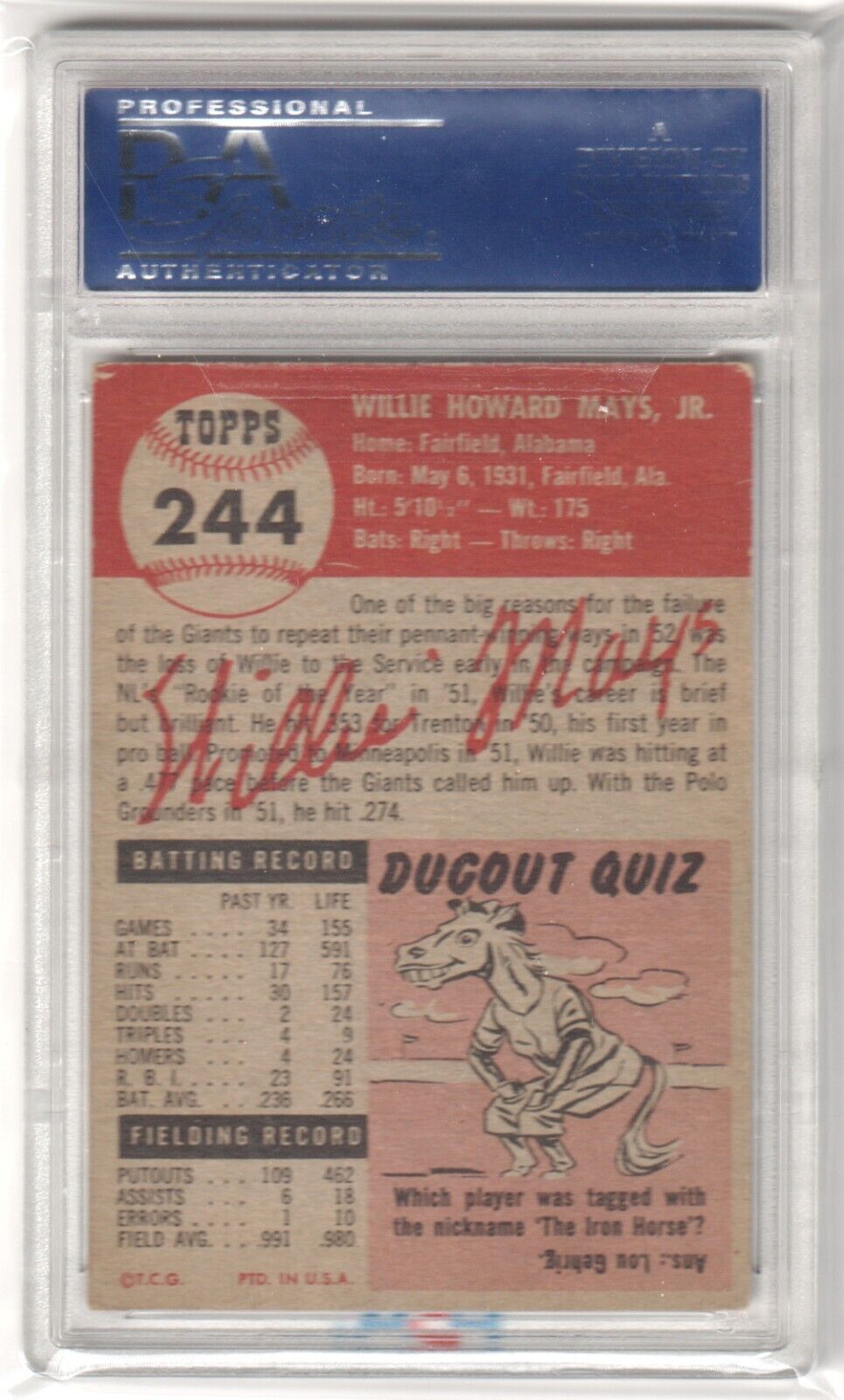 Vintage 1953 Topps Willie Mays #244 card in grading case from Columbia Hobby with free shipping