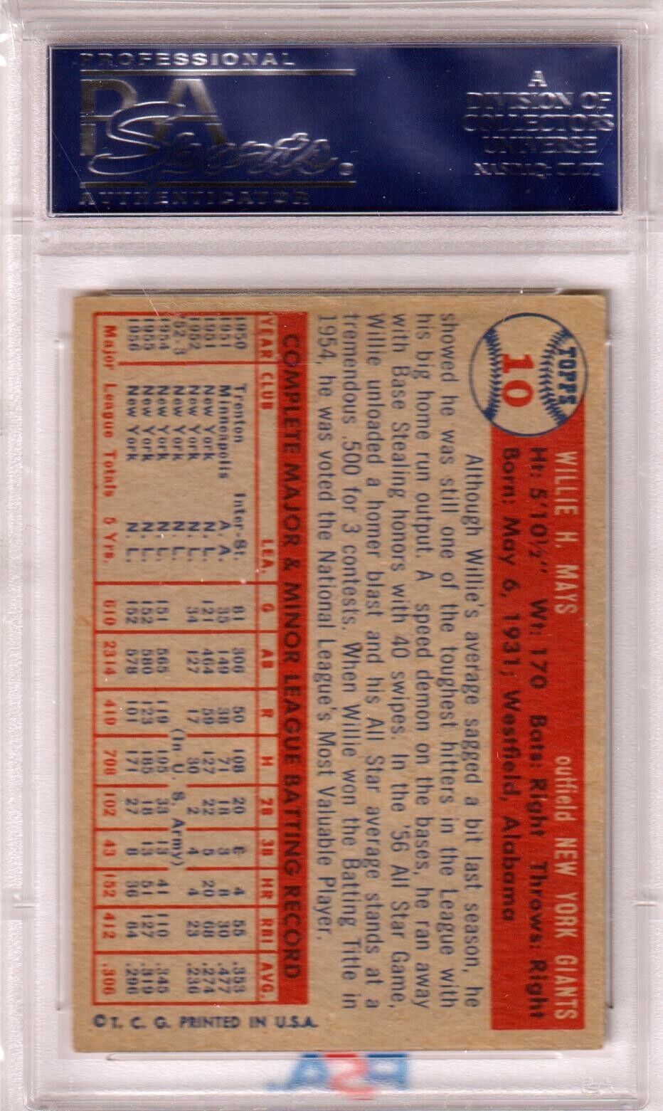 Vintage Willie Mays 1957 Topps #10 PSA 5 EX baseball card in orange and black colors