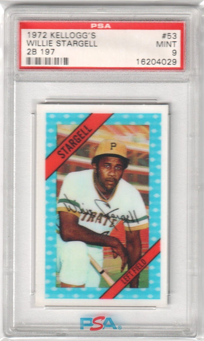 PSA-graded 1972 Kellogg’s Willie Stargell #53 card in protective case for single cards