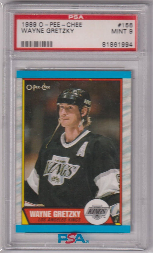 PSA-graded 1989 O-Pee-Chee Wayne Gretzky hockey card in case from Columbia Hobby