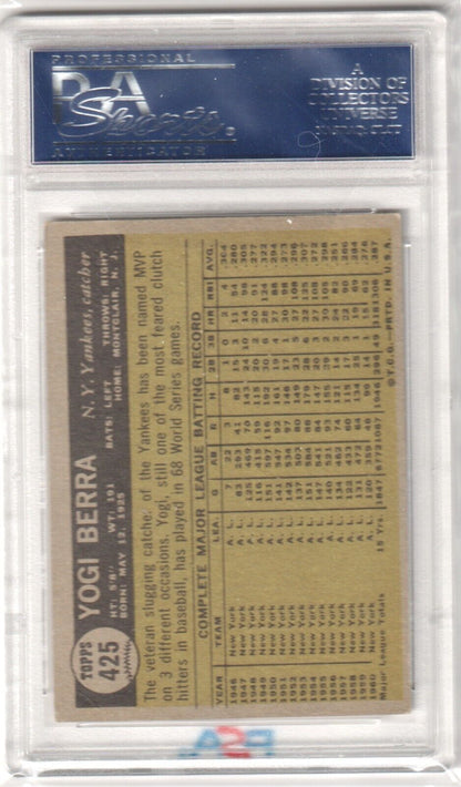 PSA-graded Yogi Berra 1961 Topps #425 baseball card with statistics, single cards from Columbia Hobby