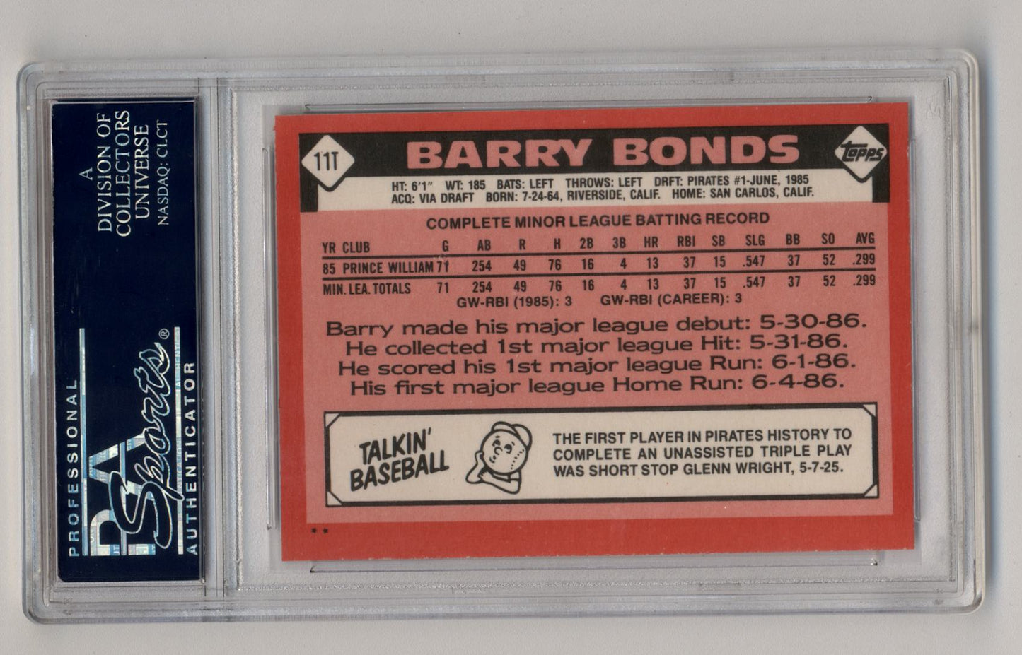 Barry Bonds 1986 Topps Traded #11T XRC PSA 10 Gem Mint card in protective holder