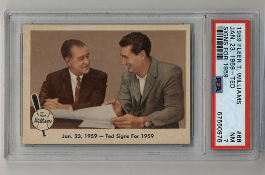 Ted Williams 1959 Fleer #68 vintage baseball card PSA 7 featuring two men in suits