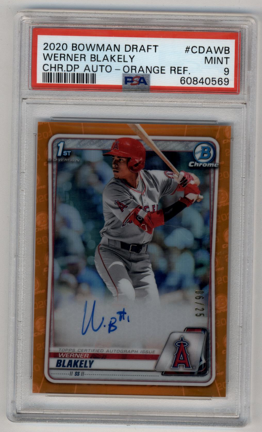 PSA-graded Werner Blakely 2020 Bowman Chrome Draft Auto orange refractor card in case