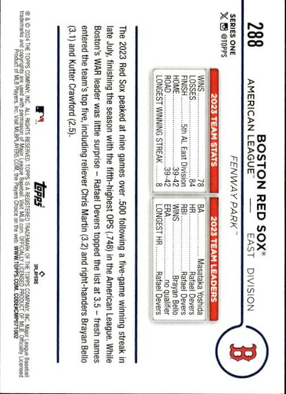 Baseball card featuring Boston Red Sox stats and player info from 2024 Topps #288